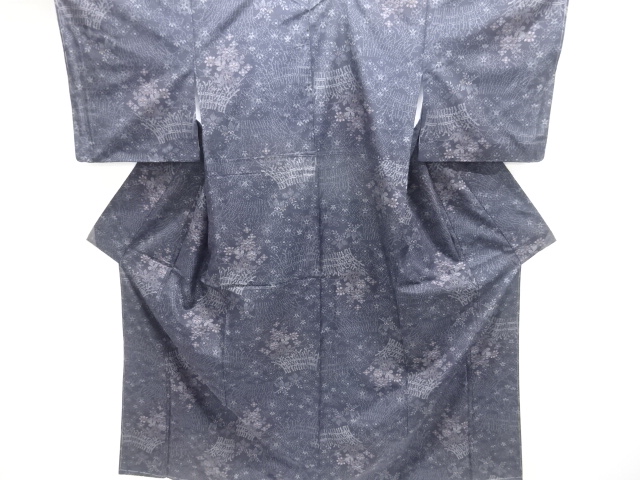 JAPANESE KIMONO / SILK / UNUSED / HAND WOVEN TSUMUGI / GRASS FENCE & FLOWERS